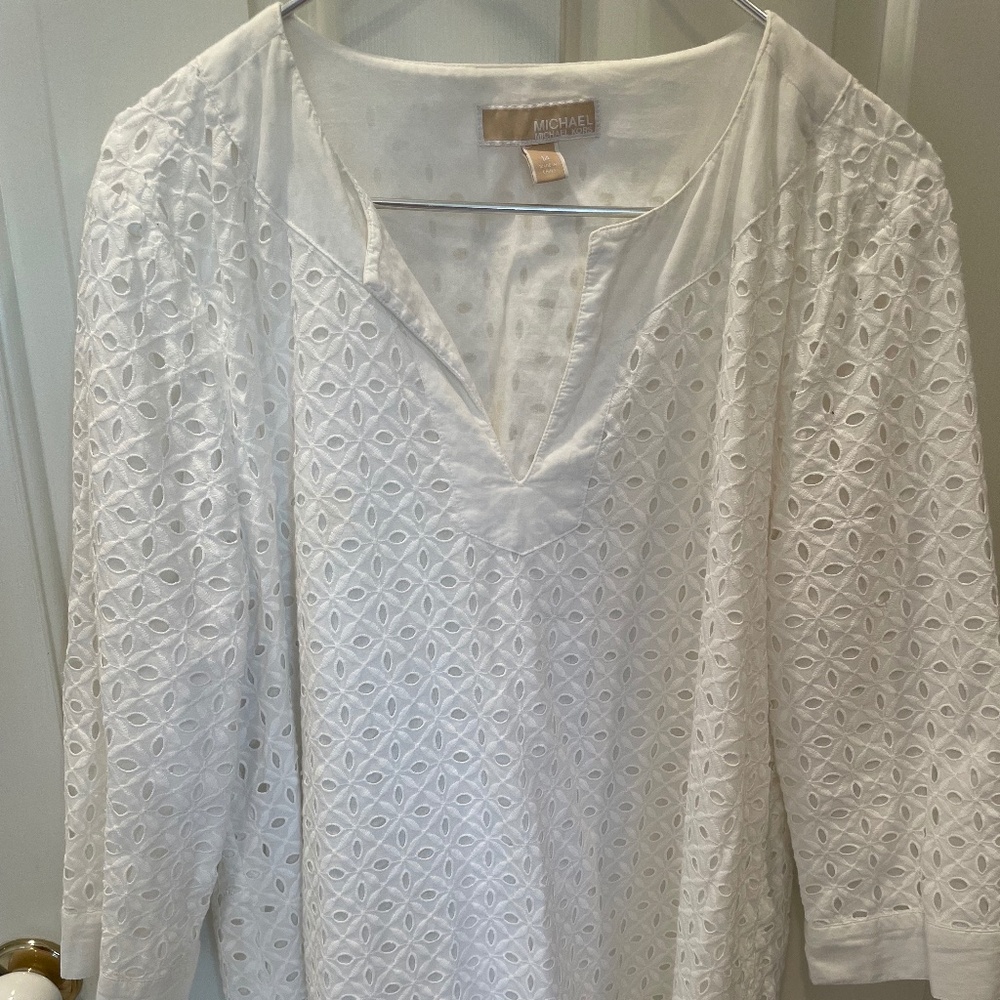 Michael Kors White 3/4 sleeve fully-lined 100% cotton eyelet tunic size 14